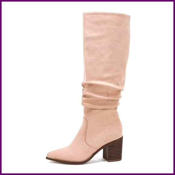 Pointed Toe Knee High Boots with Chunky Heel Side Zipper Wide Calf - Picture 5 of 8